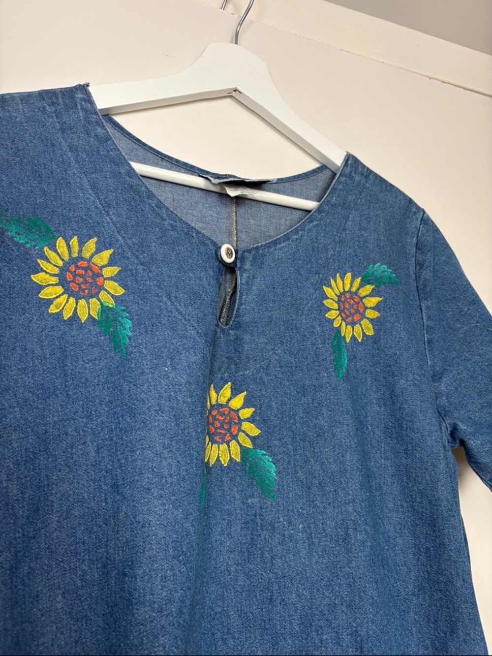 VINTAGE Denim Sunflower Floral Cotton Midi Dress Small - Picture 4 of 7